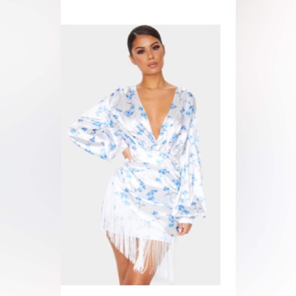 Blue Ditsy Satin Tassel Wrap Detail Long Sleeve Bodycon Dress